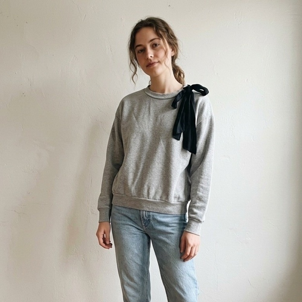 FRAME Womens Silk Bow Cotton Blend Fleece Sweatshirt Small Grey Preppy